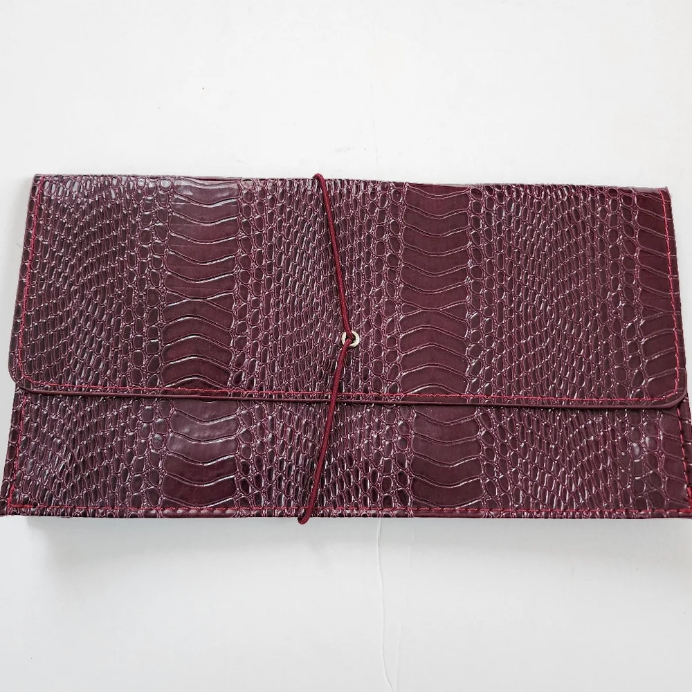 Faux Snake Skin Envelope Wine Color Hand Bag Thin Purse Loop Closure Wallet